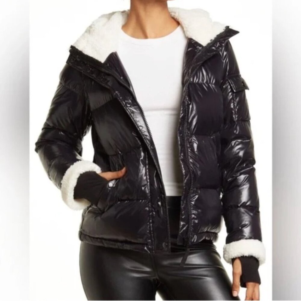 S13 Callie Faux-Sherpa-Trim Down Puffer Coat | Size: S | Black & White